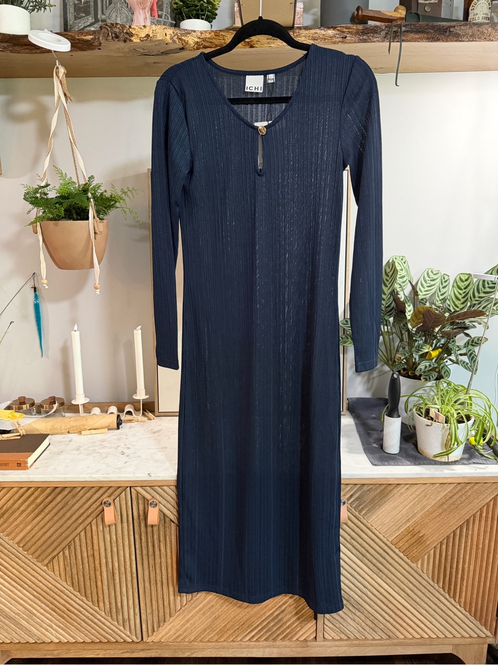 NWT ICHI Navy Long Sleeve Ribbed Sheer Midi Dress with gold button keyhole